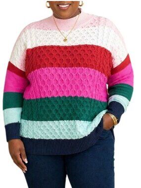 Crown & Ivy Plus Size 1X Sweater Striped Chunky Knit Mock Neck Cable Detail